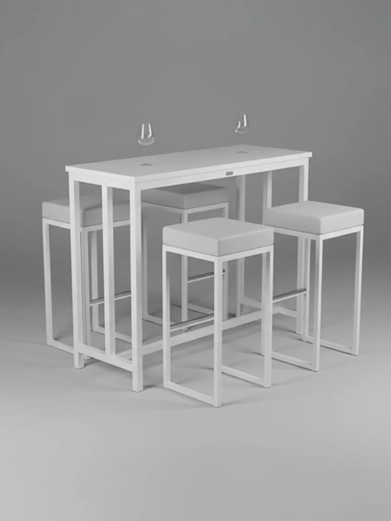 Berlin Kubo Dinnerset weiß mit 4 Barhockern mieten